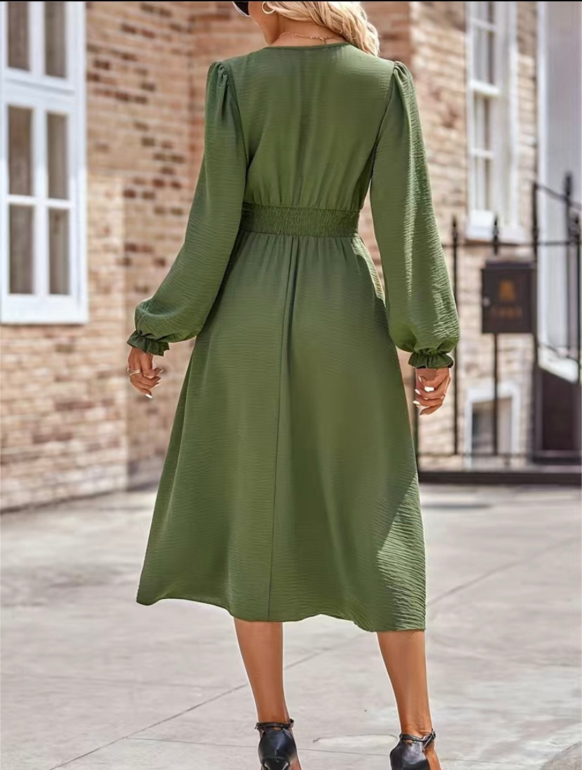 Army Green Smocked Waist V Neck Balloon Sleeve Midi Dress