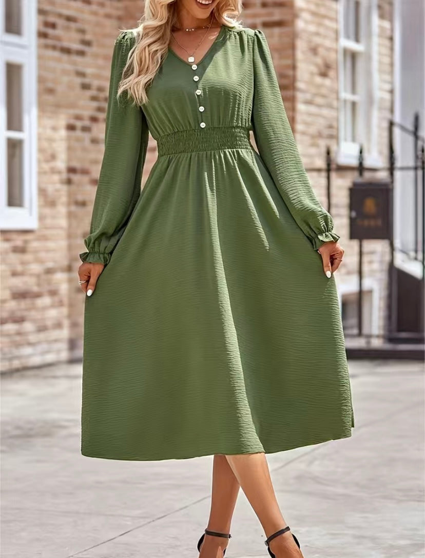 Army Green Smocked Waist V Neck Balloon Sleeve Midi Dress
