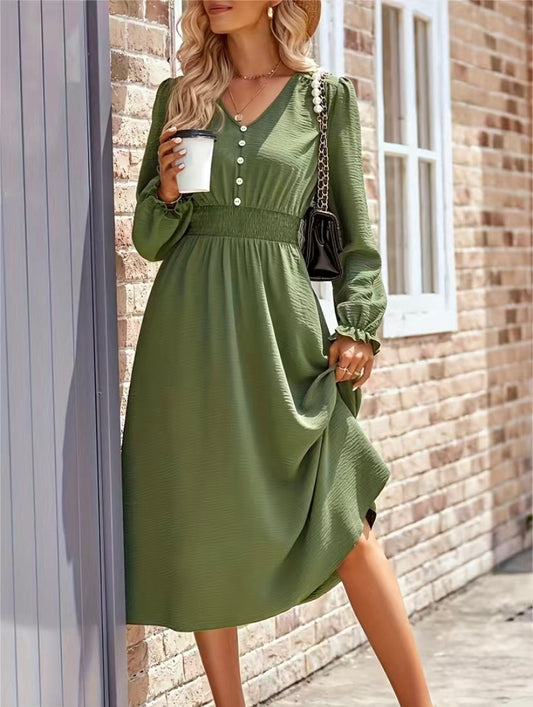 Army Green Smocked Waist V Neck Balloon Sleeve Midi Dress