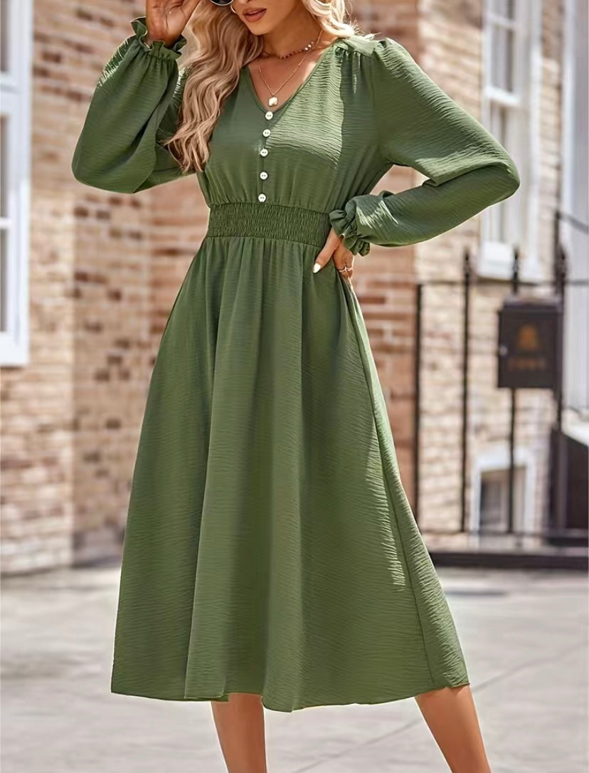 Army Green Smocked Waist V Neck Balloon Sleeve Midi Dress